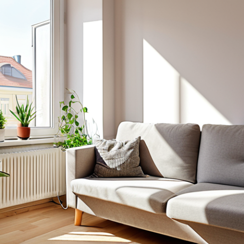 Home 11 **Cozy Apartment Interior:** A bright, modern apartment interior in Vilnius, Lithuania. Sunlight streaming through the window. Minimalist decor with a comfortable sofa, a small table, and plants. Focus on creating a welcoming and affordable living space.