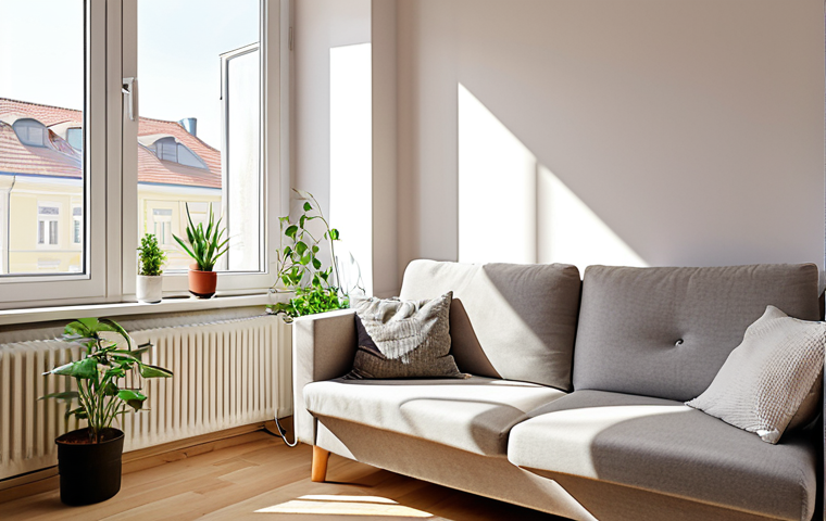 **Cozy Apartment Interior:** A bright, modern apartment interior in Vilnius, Lithuania. Sunlight streaming through the window. Minimalist decor with a comfortable sofa, a small table, and plants. Focus on creating a welcoming and affordable living space.
