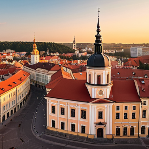 Home 6 **"A breathtaking panoramic view of Vilnius Old Town at sunset. The scene is dominated by intricate Baroque architecture, including a close-up on the glowing red bricks of St. Anne's Church, casting warm light on cobblestone streets. In the background, the majestic Gediminas Tower overlooks a city filled with historic rooftops and the serene courtyards of Vilnius University. The atmosphere is timeless and tranquil, with soft, golden hour lighting highlighting the historical grandeur. Highly detailed, cinematic, travel photography, historical architecture."**