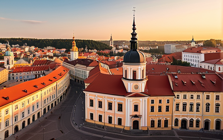 **"A breathtaking panoramic view of Vilnius Old Town at sunset. The scene is dominated by intricate Baroque architecture, including a close-up on the glowing red bricks of St. Anne's Church, casting warm light on cobblestone streets. In the background, the majestic Gediminas Tower overlooks a city filled with historic rooftops and the serene courtyards of Vilnius University. The atmosphere is timeless and tranquil, with soft, golden hour lighting highlighting the historical grandeur. Highly detailed, cinematic, travel photography, historical architecture."**