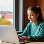 Home 16 리투아니아 물가 수준 - **Prompt 1: Urban Living and Apartment Search**
A bright, cheerful young woman (around 20-25 yea...