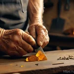 Home 15 리투아니아 전통 공예 및 기념품 - **Prompt:** A close-up, highly detailed photograph of an elderly Lithuanian artisan's hands carefull...