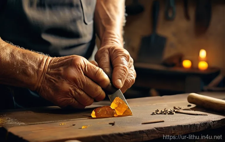 리투아니아 전통 공예 및 기념품 - **Prompt:** A close-up, highly detailed photograph of an elderly Lithuanian artisan's hands carefull...