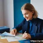 Home 17 리투아니아 안전 여행 팁 - **Prompt:** A young female traveler, with a warm and excited expression, sits at a polished wooden d...