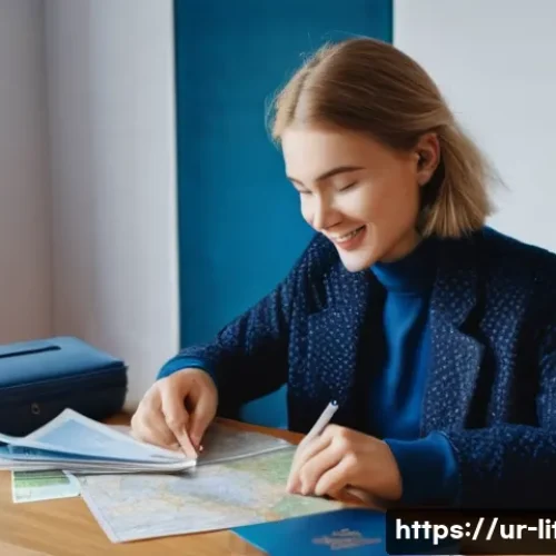 Home 11 리투아니아 안전 여행 팁 - **Prompt:** A young female traveler, with a warm and excited expression, sits at a polished wooden d...