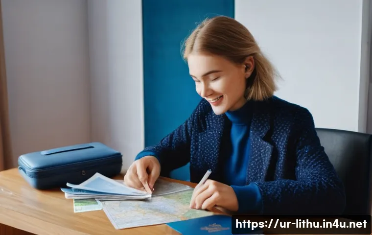 리투아니아 안전 여행 팁 - **Prompt:** A young female traveler, with a warm and excited expression, sits at a polished wooden d...