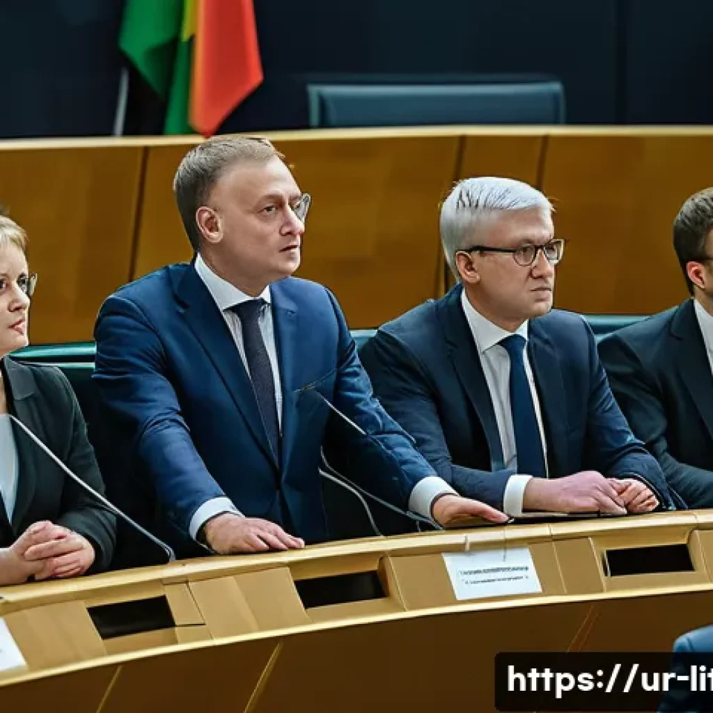 리투아니아 정치 상황 - A detailed political scene showing a diverse group of Lithuanian politicians from conservative and l...