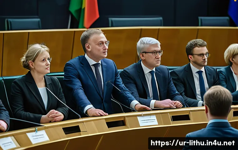 리투아니아 정치 상황 - A detailed political scene showing a diverse group of Lithuanian politicians from conservative and l...