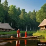 리투아니아 역사 개요 - A vivid depiction of ancient Lithuanian tribal life in dense northern forests, showcasing traditiona...