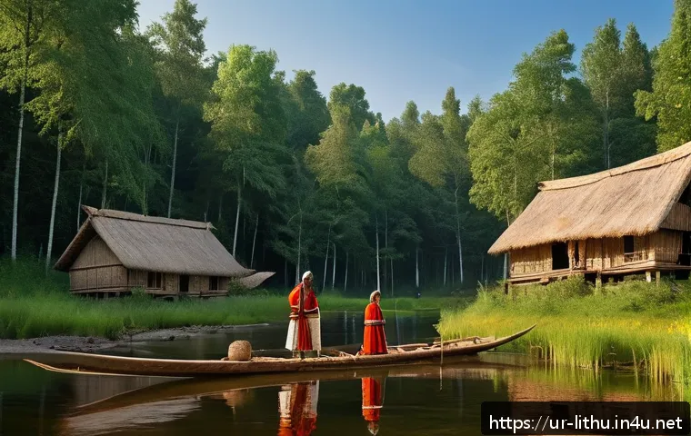 리투아니아 역사 개요 - A vivid depiction of ancient Lithuanian tribal life in dense northern forests, showcasing traditiona...
