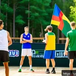 리투아니아 출신 유명 인물 - A vibrant scene of a traditional Lithuanian basketball game held outdoors, featuring young male and ...