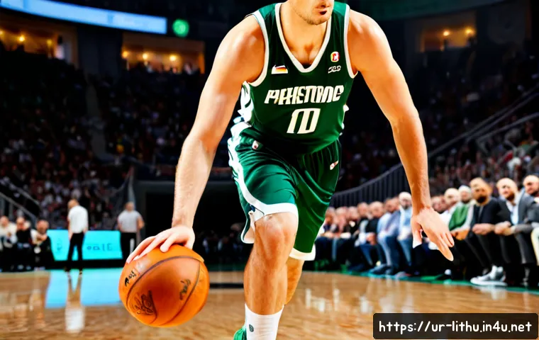 Home 17 리투아니아 출신 NBA 선수 - Photorealistic Lithuanian professional basketball player in a plain dark green and white sleeveless ...